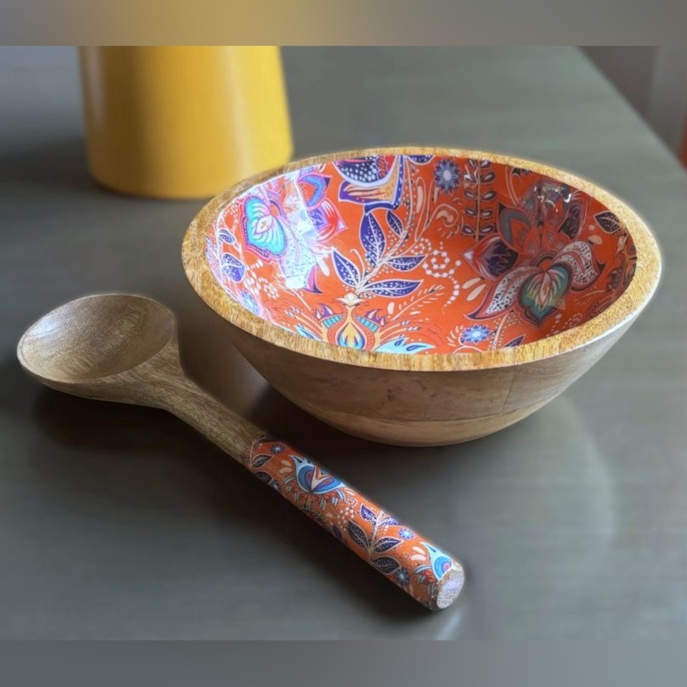 Share Boho Orange Floral Botanical Artisanal Handcrafted Serving Bowl & Spoon Se